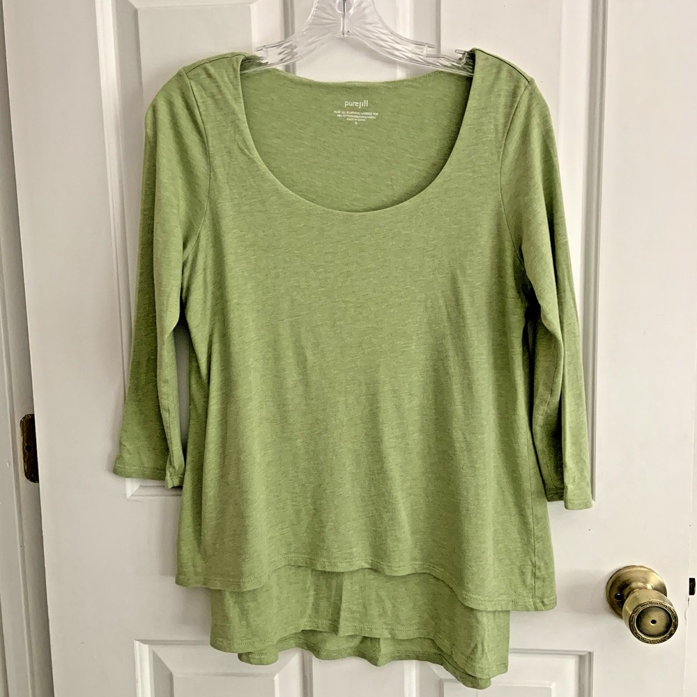 Pure Jill Womens Elliptical Layered Top S Green Lagenlook Colorful Soft Stretch